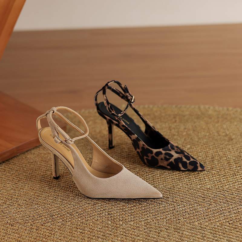 Krazing Pot Sheep Suede Summer Size 42 Leopard Decoration Slingback Thin High Heels Women Women Pointed Toe Pumps