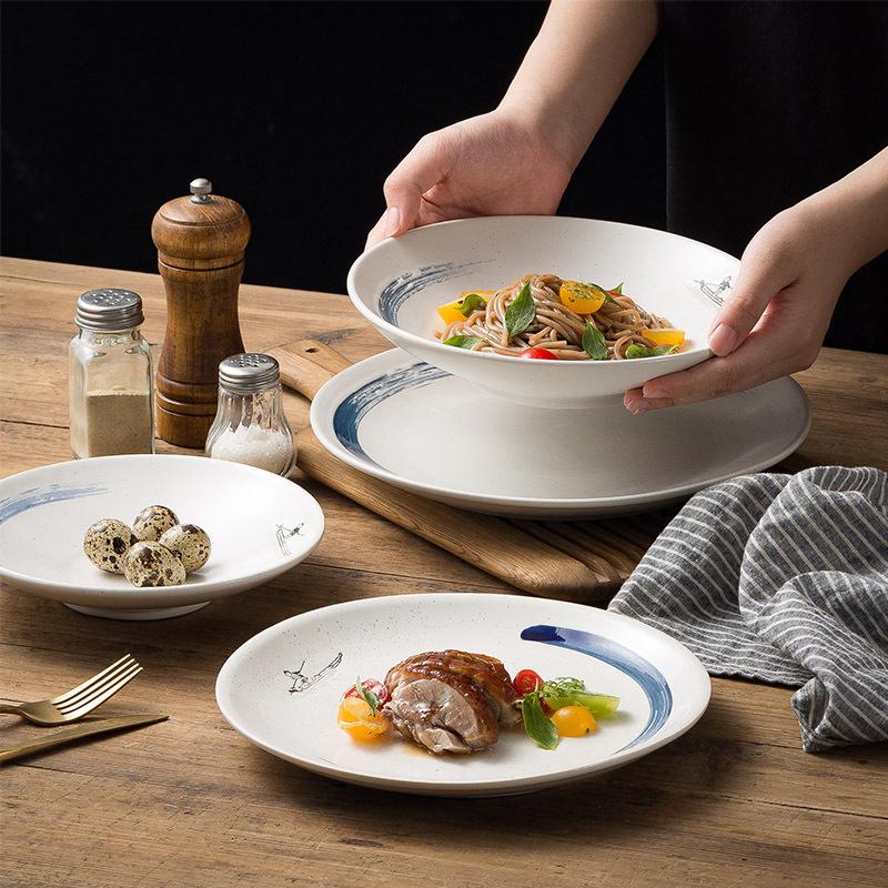 Creative Western Food Plate Japanese Hand-Painted Shallow Plate Household Ceramic Tableware Restaurant Hotel Steak Plate Plate