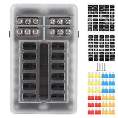 Caja de fusibles con 12 circuitos, soporte de bloque, luz indicadora LED, motor MNI para coche, yate, barco marino