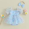 Baby Girl Summer Outfits Short Puff Sleeve 3D Flower Romper Tulle Dress with Headband Set 2Pcs Clothes
