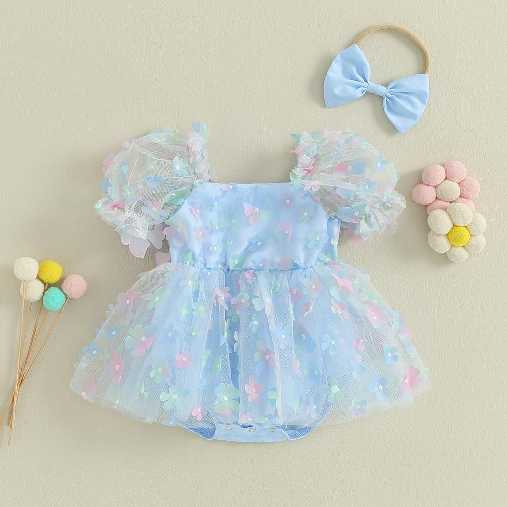 Baby Girl Summer Outfits Short Puff Sleeve 3D Flower Romper Tulle Dress with Headband Set 2Pcs Clothes