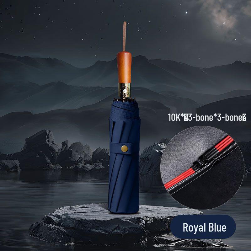 10K Automatischer Faltregenschirm mit schwarzem Kleber - Dreifach faltbar, Schutz vor Sonne & Regen mit Holzgriff.