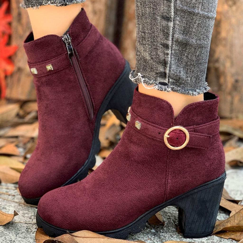 Außenhandel Mode Übergröße Martin Stiefel Damen 2025 Retro High Heel Nieten Schnalle Mode Stiefel Runde Zehe Dicker Absatz Kurze Stiefel