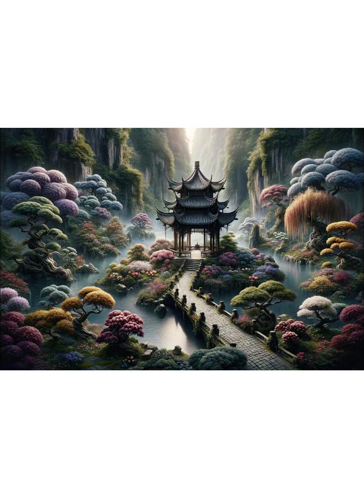 5D DIY Diamant gemalt Landschaft Mond kleine Brücke fließendes Wasser Pavillon Mosaik Stickerei Landschaft Home Dekoration