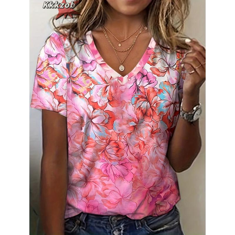 Damen T-Shirts V-Ausschnitt 3D Kunstdruck Tops Locker Kurzarm T-Shirts Sommer Streetwear Mode Lässig Übergroße Damenbekleidung
