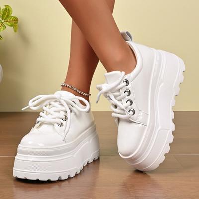 Keilabsatz-Plateau-Sneakers Herbst Neu Runde Zehenpartie Gespleißte Vorderseite Schnürung Rutschfest Abriebfest Low-Top-Schuhe
