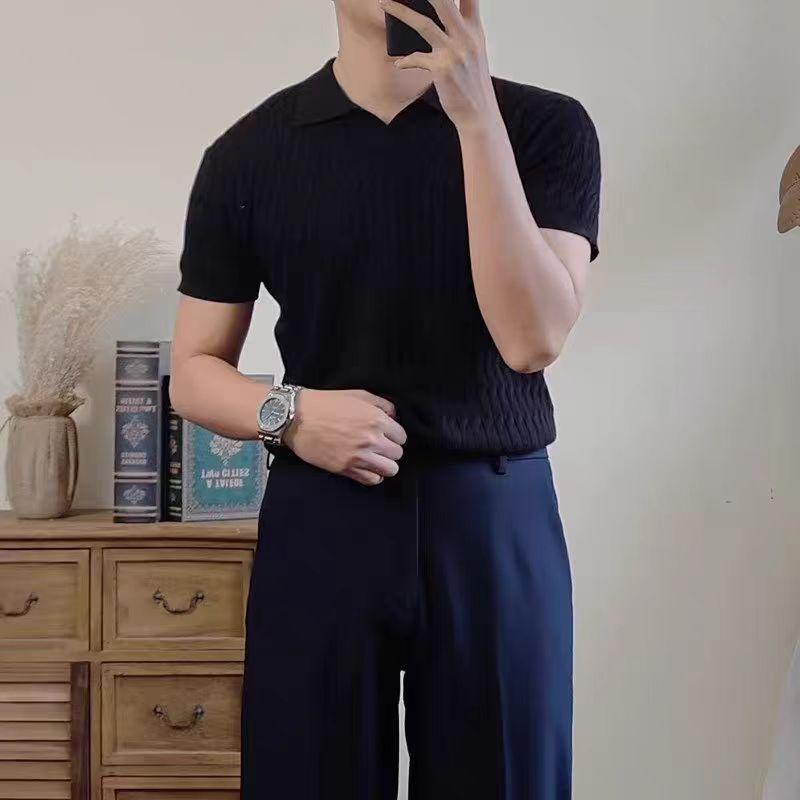 

Повседневная мужская трикотажная рубашка-поло зрелого стиля, однотонная, приталенного кроя, с коротким рукавом, элегантным V-образным вырезом, приятная к коже и 3XL чёрный