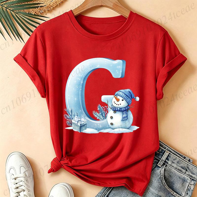 Christmas Snowman Alphabet T-Shirt Women Blue Ice Alphabet Graphic Tees Christmas Holiday Casual Red Short Sleeve Unisex Tops