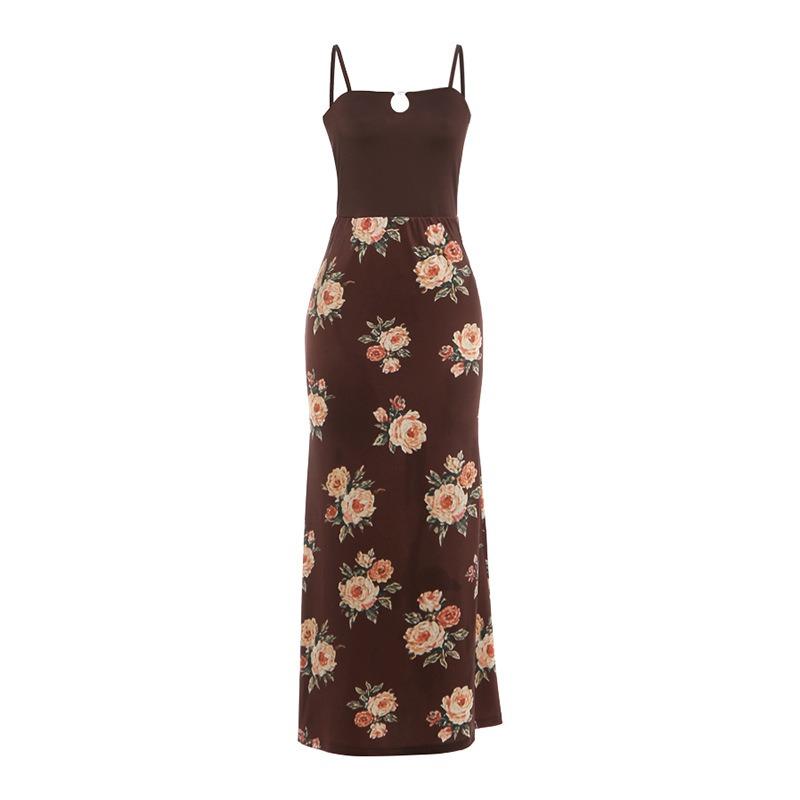 

Summer New Temperament Elegant Casual Vacation High Waist Print Splicing Suspender Dress S темно-коричневого