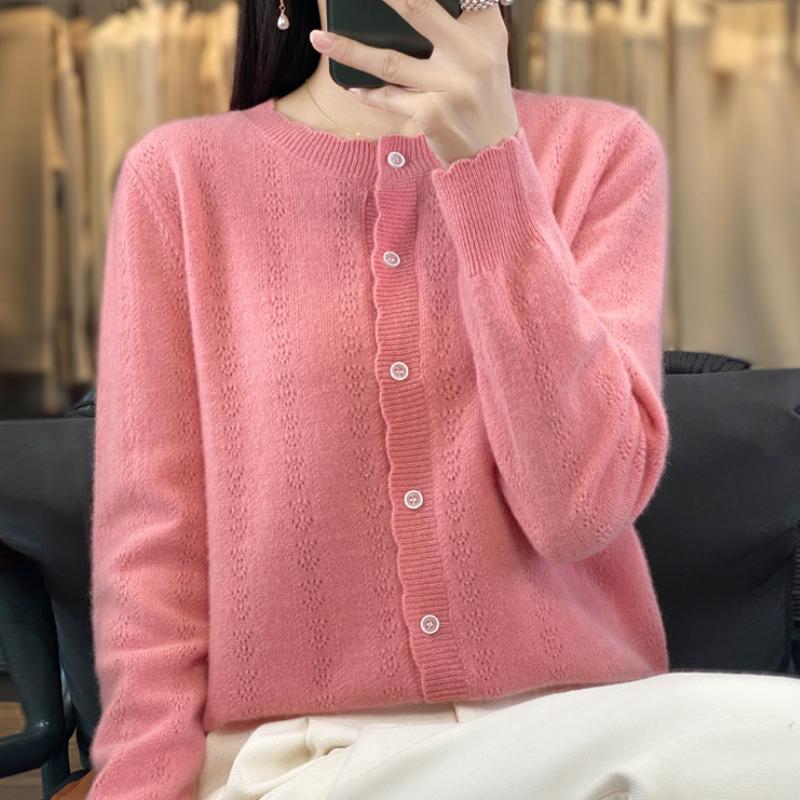 New Round Neck Hollow Wool Cardigan for Autumn and Winter for Women, Loose and Fashionable Cashmere Sweater Soft and Glutinous Skin-friendly Top