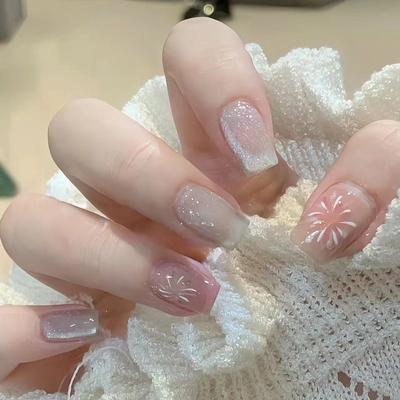 24 Pièces Feux d'Artifice Nouvel An Œil de Chat Portant Ongle Pièce d'Ongle Amovible Pièce d'Ongle Petit Court T Court Ballerine Blush Changement Graduel Nail Art