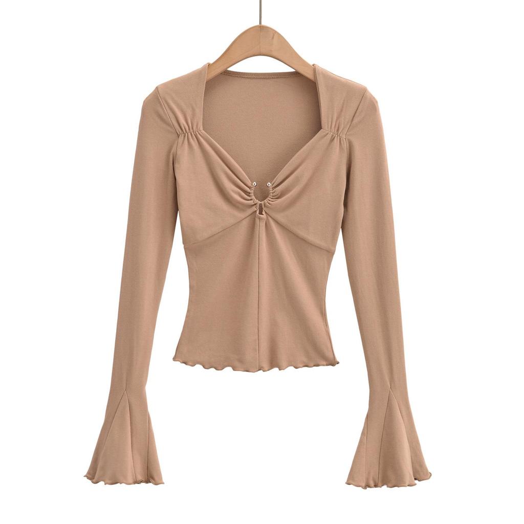 2023 Hot Girl Square Neck Metal Ring Hollow Long Sleeve Top - Sexy Clavicle Exposed Slim Fit Autumn Shirt with Flared Sleeves