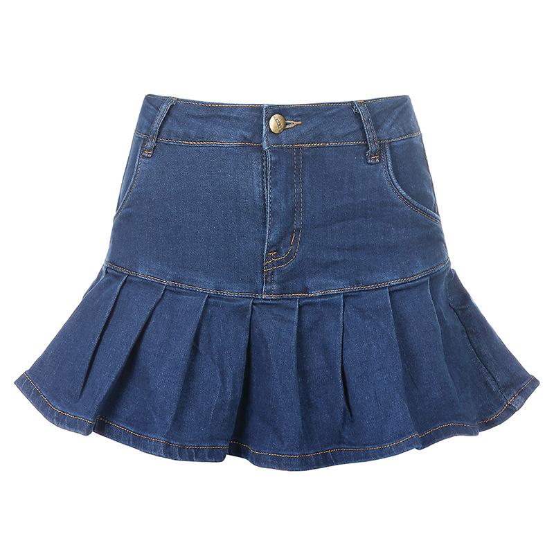 European And American Autumn New Women'S Clothing Retro Washed Denim Skirt High Waist Slim Fit Slimming A-Line Pleated Skirt For Women