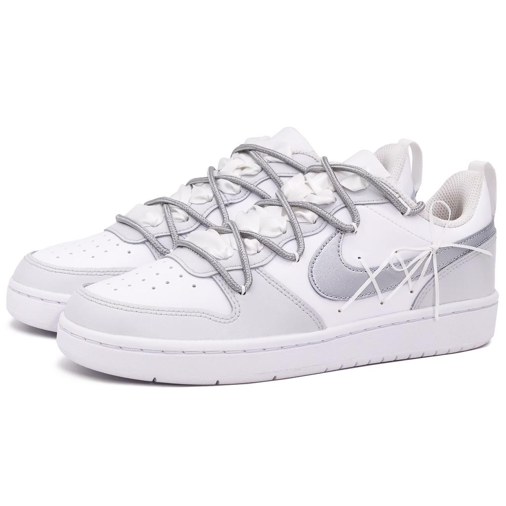 Nike Court Borough Low Leder Niedrig geschnittene Skateboard-Schuhe Damen Weiß Silber BQ5448-100(Team52-S-BOX)