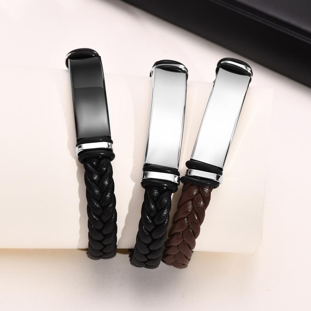 Men's Custom Text Here Leather Bracelets, Engraved Stainless Steel Blank Bar Leathers Bangle, New Simple Name Gift To Him