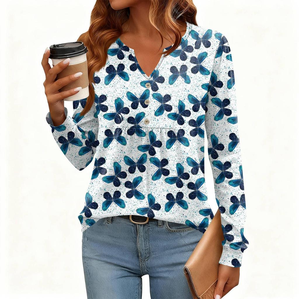 Γυναικείο Χαλαρό, V-λαιμόκοψη, Ρετρό Χρώμα, Μπλοκ με Φλοράλ Σχέδιο, Μακρυμάνικο Πουλόβερ T-shirt