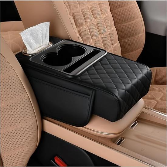 Car Center Console Armrest Pillow, Memory Foam Leather 4 In 1 Vehicle Arm Rest Cover With Tissue Box 2 Side Storage Bag Cup & Phone Holder, Auto