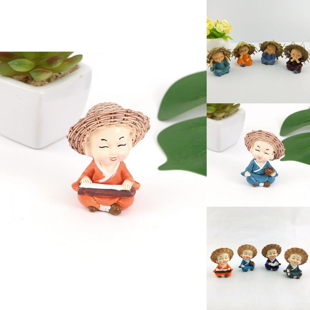 4pcs Cute Straw Hat Little Monk Mini Ornament Set For Office Or Shelf Decoration