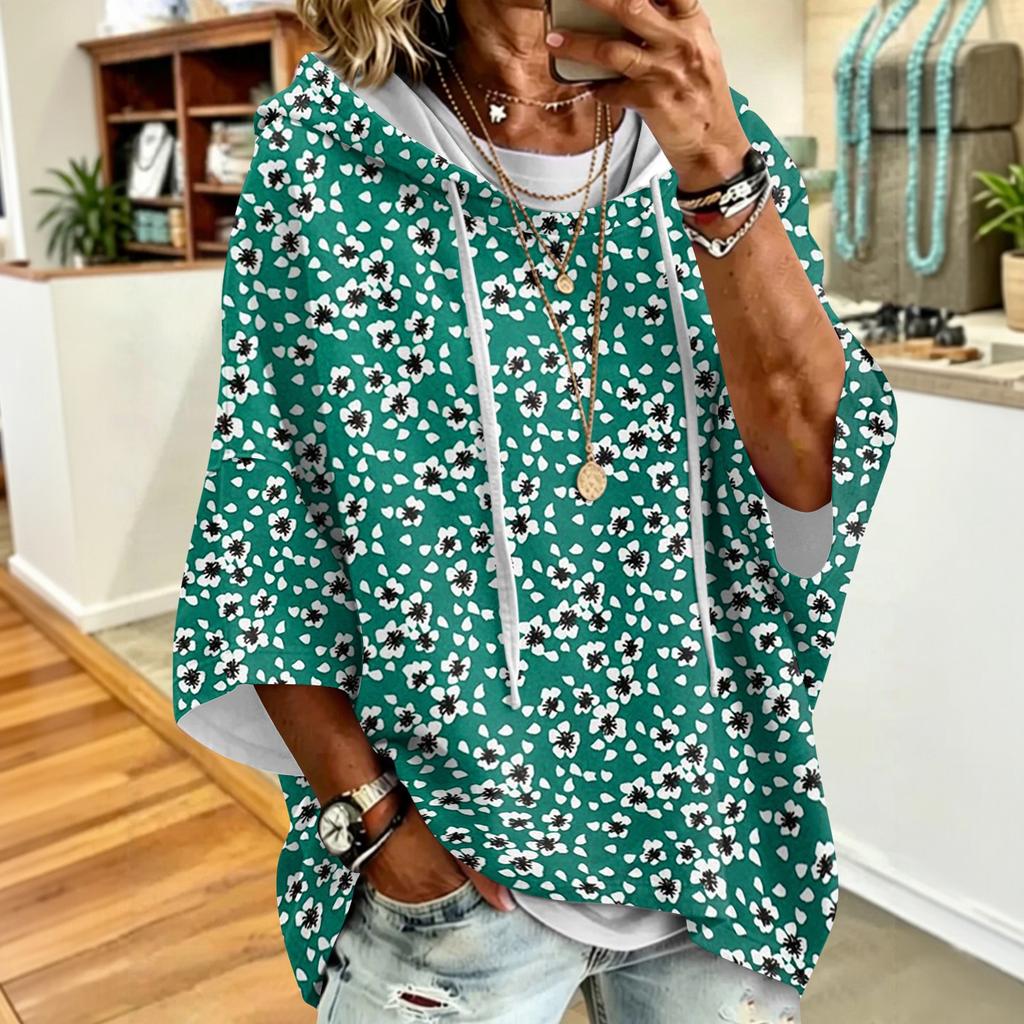 Women's Vintage Floral Print Drawstring Hoodie - Casual Loose Fit Sweatshirt Top