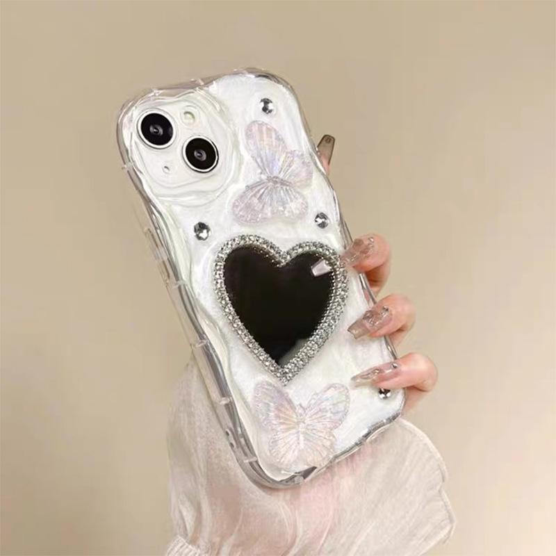 Rhinestone Butterfly Mobile Phone Case Is Suitable For Apple 17Pro Love Edge Drilling Glass Mirror Apple 15 Glue Fine Hole Soft