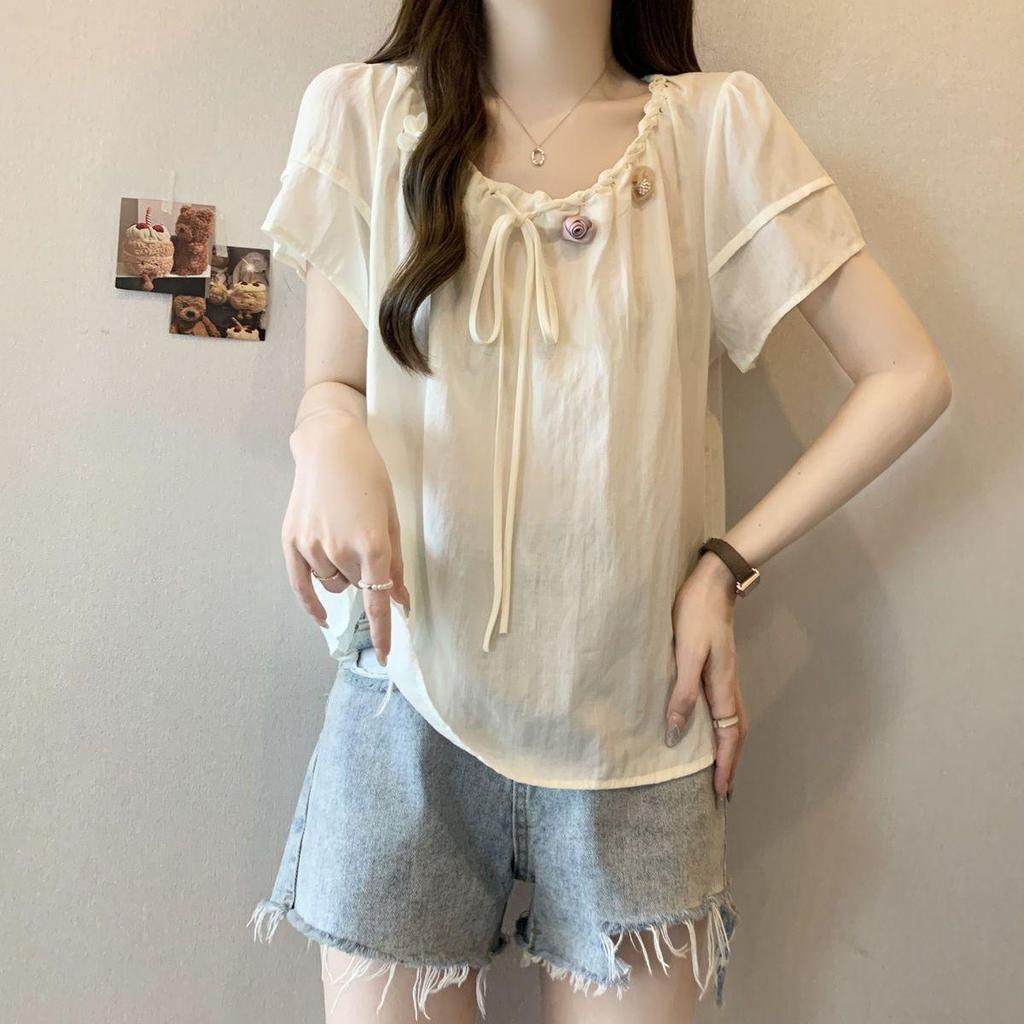 Plus Size Floral 3D Patchwork Chiffon T-shirt - Women's Summer Short Sleeve Loose Fit Top