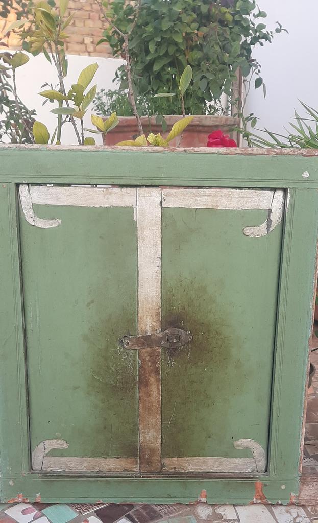 Antique Hand-Painted Wooden Window Jharokha: Rustic Green Wall Decor