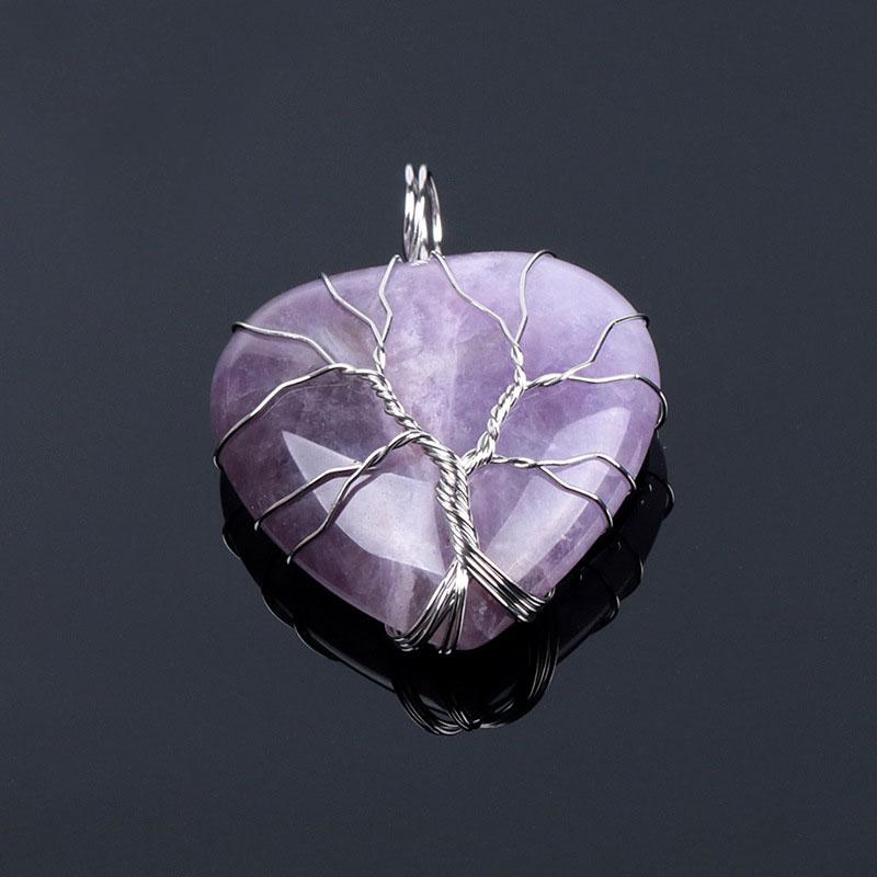 Natürlicher Stein Lebensbaum Drahtumwickelt Liebesherz Halskettenanhänger Natürlicher Stein Tigerauge Rosa Quarz Schwarzer Achat Für Frauen
