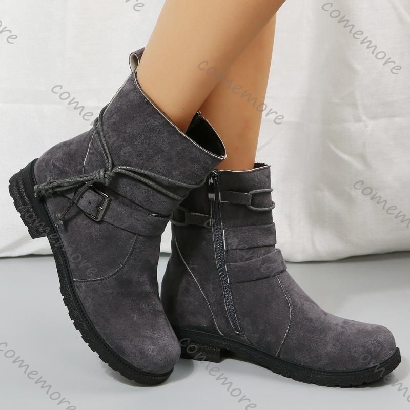 Fashion Comemore Women Retro Platform Buckle Round Toe Ankle Boots Autumn Side Zipper Woman Thick Sole Suede Short Solid Botas Mujer