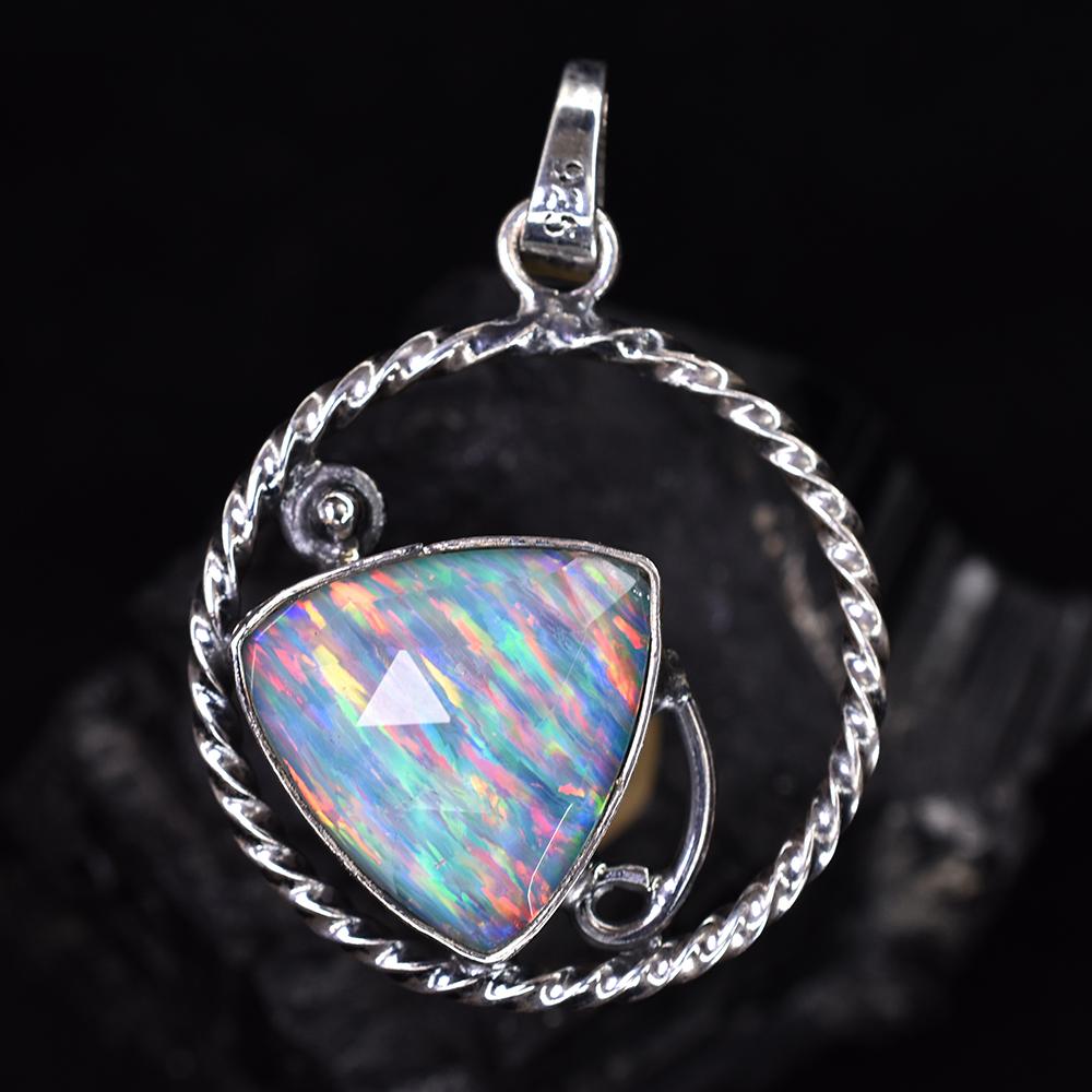 925 Sterling Silver CERTIFIED Natural Opal Trillion 30 Ct Gemstone Pendant