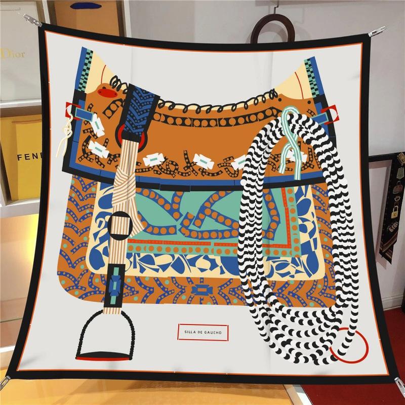 Spring New 90Cm Square Scarf Handmade Desktop Twill Silk High-End Shawl Headscarf Machine Curling Women Fashion Trend