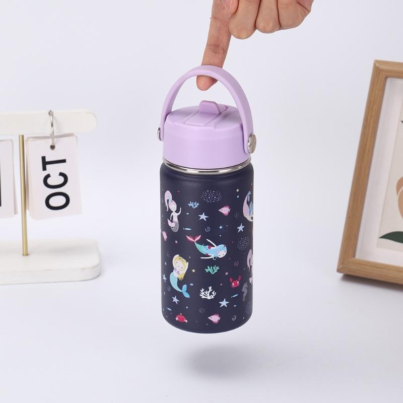Wide Mouth Thermal Stainless Steel Water Cup Cartoon Handle Straw Tumblers Water Bottle for Outdoors