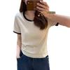 New contrasting color front shoulder U-neck short-sleeved T-shirt women's fashion versatile and thin top summer