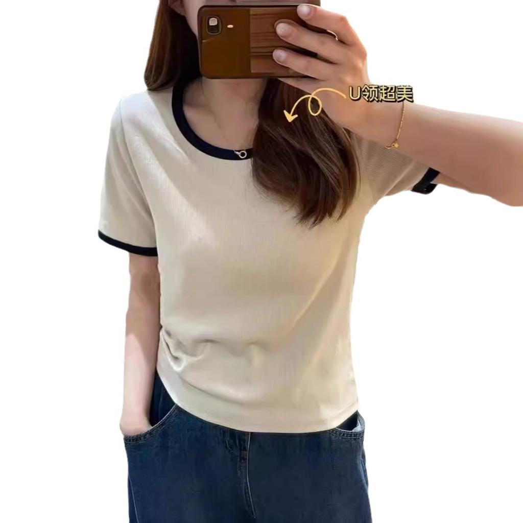 New contrasting color front shoulder U-neck short-sleeved T-shirt women's fashion versatile and thin top summer