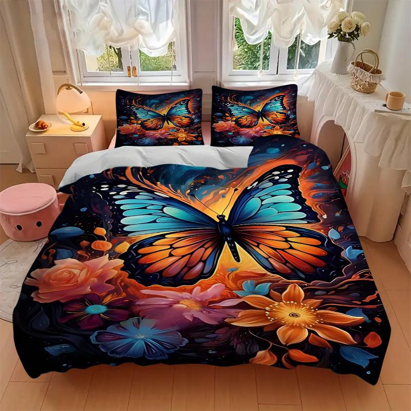 3pcs Colorful Butterfly Flower Bedding Set - Includes One Quilt Cover and Two Pillowcases (No Core) - Home Decor, Festival Gift, Polyester Fabric, Ani
