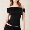 Spring Summer Off Shoulder Ruched Crop Top Slim Fit Solid Color Short Sleeve Y2K Tops