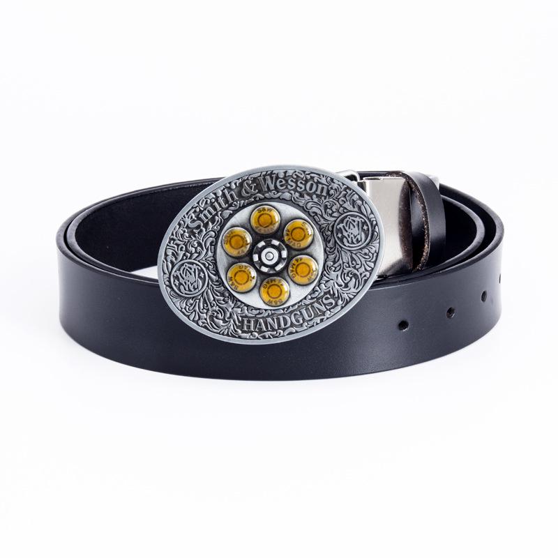 Black Cowhide Leather Belt with Bullet Pattern and Rotatable Buckle for Autumn/Winter