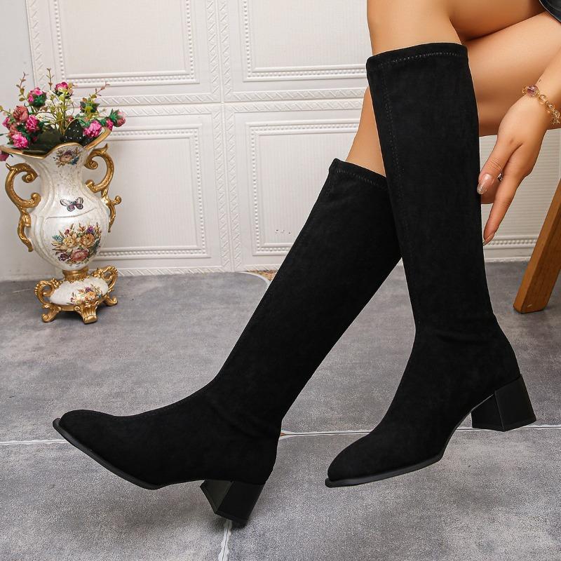 Mode Damen Rundzehen Kniehohe Stiefel Herbst und Winter Mode Quadratischer Niedriger Absatz Reißverschluss hinten Stiefel Prägnante Schlanke Lange Stiefel Botas Mujer