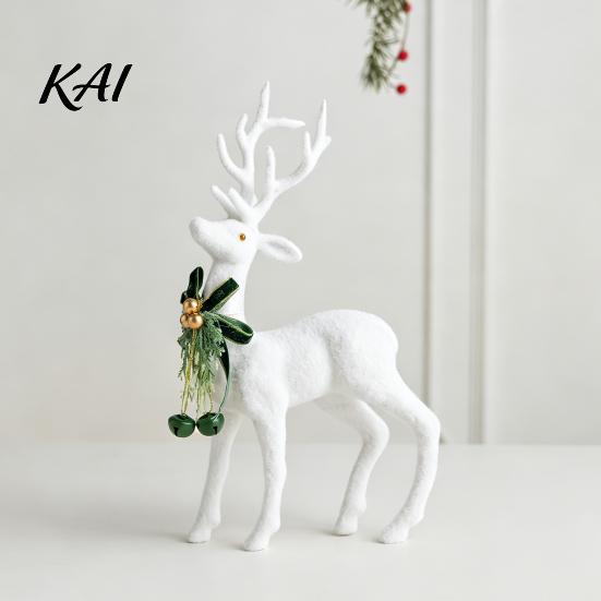 Winter Theme Table Centerpieces White Flocked Elk Ornament, Ribbon Bell Decor 3D Standing Deer Christmas Tabletop Ornaments Figurine, Decorative