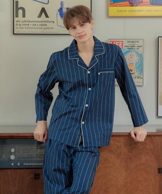 [May Flower] Dunkelblaues Längsstreifen Herren-Pyjama-Set Langarm Reiner Baumwolle Übergröße [Versand aus Korea] 100% Authentisch