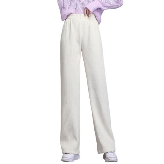 Women Winter Pants Elastic High Waist Straight Wide Leg Velvet Lining Long Pants Solid