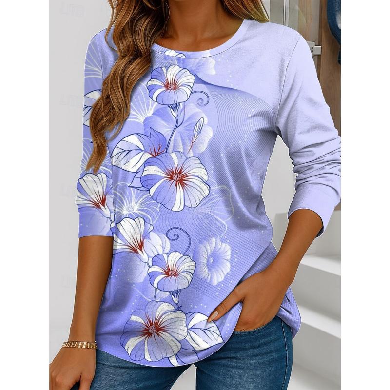 Women's T Shirt Floral Graphic Plants Stylish Summer Casual Long Sleeve T-shirts Round Neck Regular Tops Flower Printed Pullover