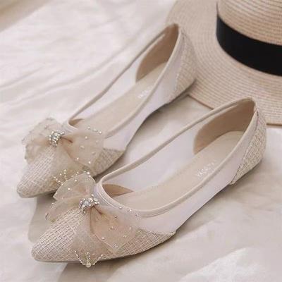 Breathable Pointed Small Fragrant Wind Lady Doudou Shoes Summer New Flat-bottom Mesh Yarn Light Mouth Lace Bow Single Shoes