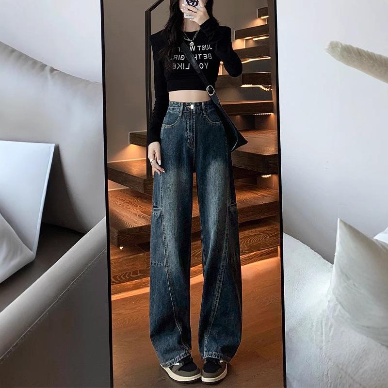 

Women s 2025 High-Waisted Wide-Leg Jeans, Slimming Straight Fit Floor-Length Pants for Spring & Autumn XL синьо сірого кольору