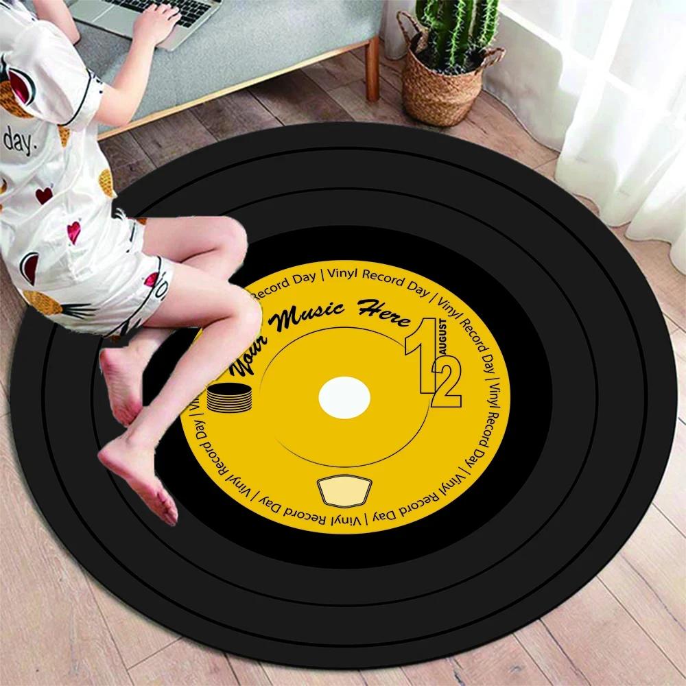 Runder Teppich mit klassischer Musik-Schallplatte, Teppiche für die Dekoration von Wohnzimmerstühlen, weiche, rutschfeste Bodenmatte zum Spielen für Kinder