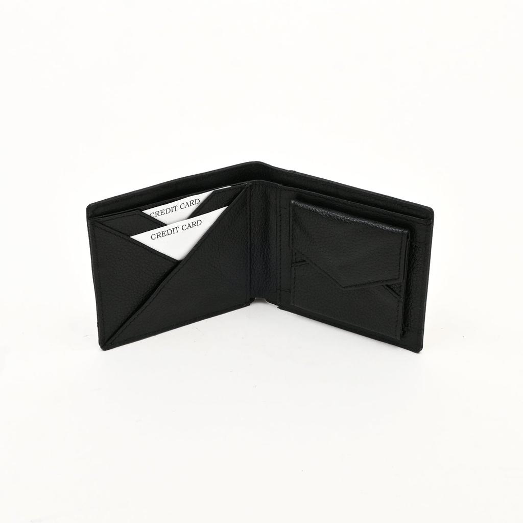 Men's Leather Wallet 2S Grablk -Premium Black Grained Napa Leather Wallet with Coin Pocket & 4 Card Slots - Luxury Slim Bifold Design