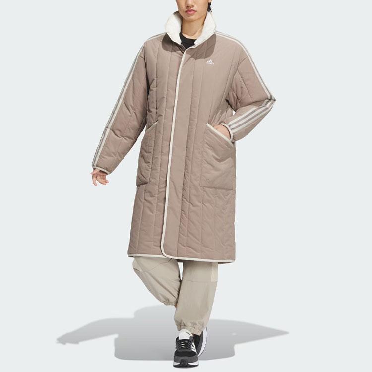 adidas Wygodna wyściełana kurtka z trzema paskami, blok kolorów, długa, sportowa, casualowa, bawełniana kurtka, płaszcze damskie, różowa, brązowa, IL8953