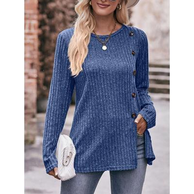 Dames Warme Geribbelde Effen Kleur Knop Decor Truien Casual Lange Mouw Veelzijdige Gebreide Truien Herfst Ronde Hals Dames Tops
