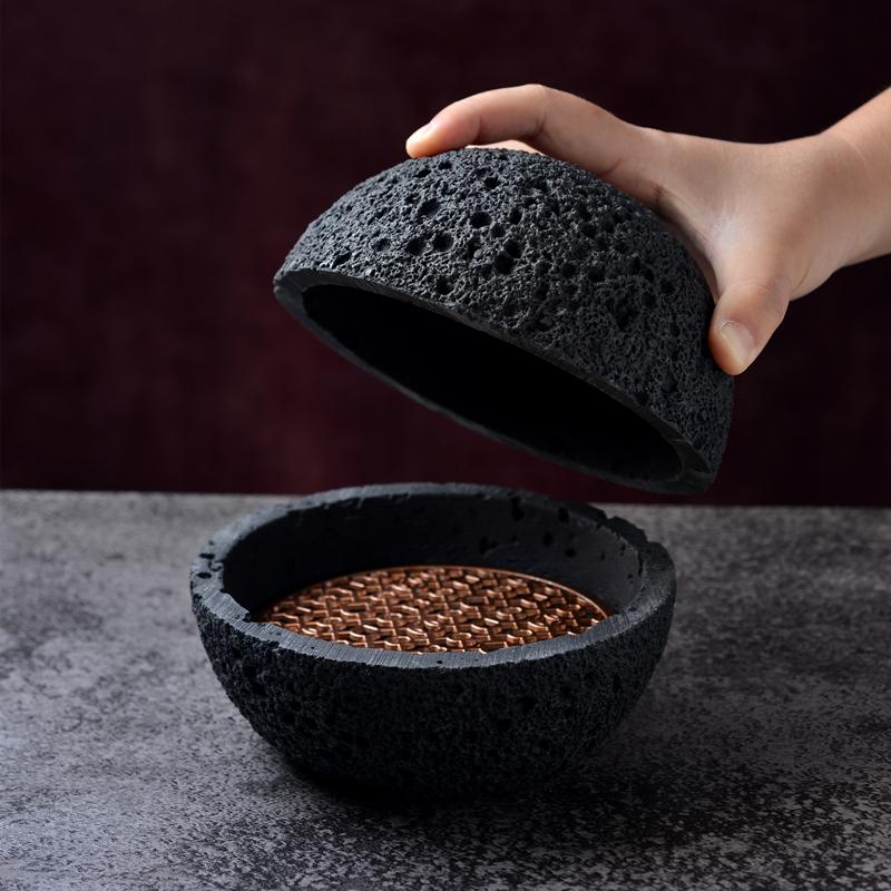 Black Molecular Gastronomy Faux Volcanic Rock Ball Plate Holder with Smoker 12cm Sphere Bowl