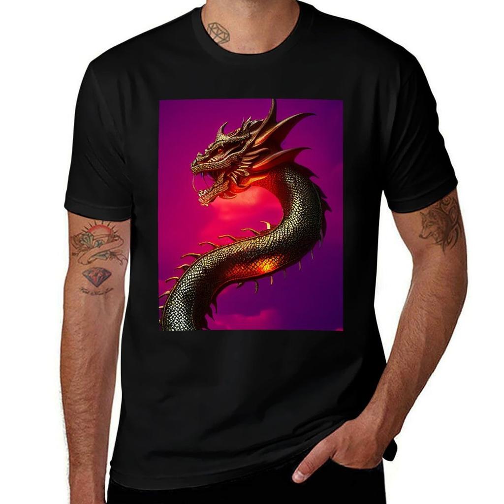 Fierce Fantasy Dragon Against A Sunset Sky TShirt Big Size Loose Fit Tee Shirt