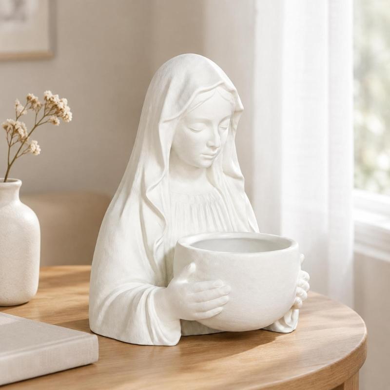 Catholic Our Lady Sculpture Holy Mother Statue Rosary Holder with Textured Drapery and Integrated Form for Interior Study or Display Cabinet Styling